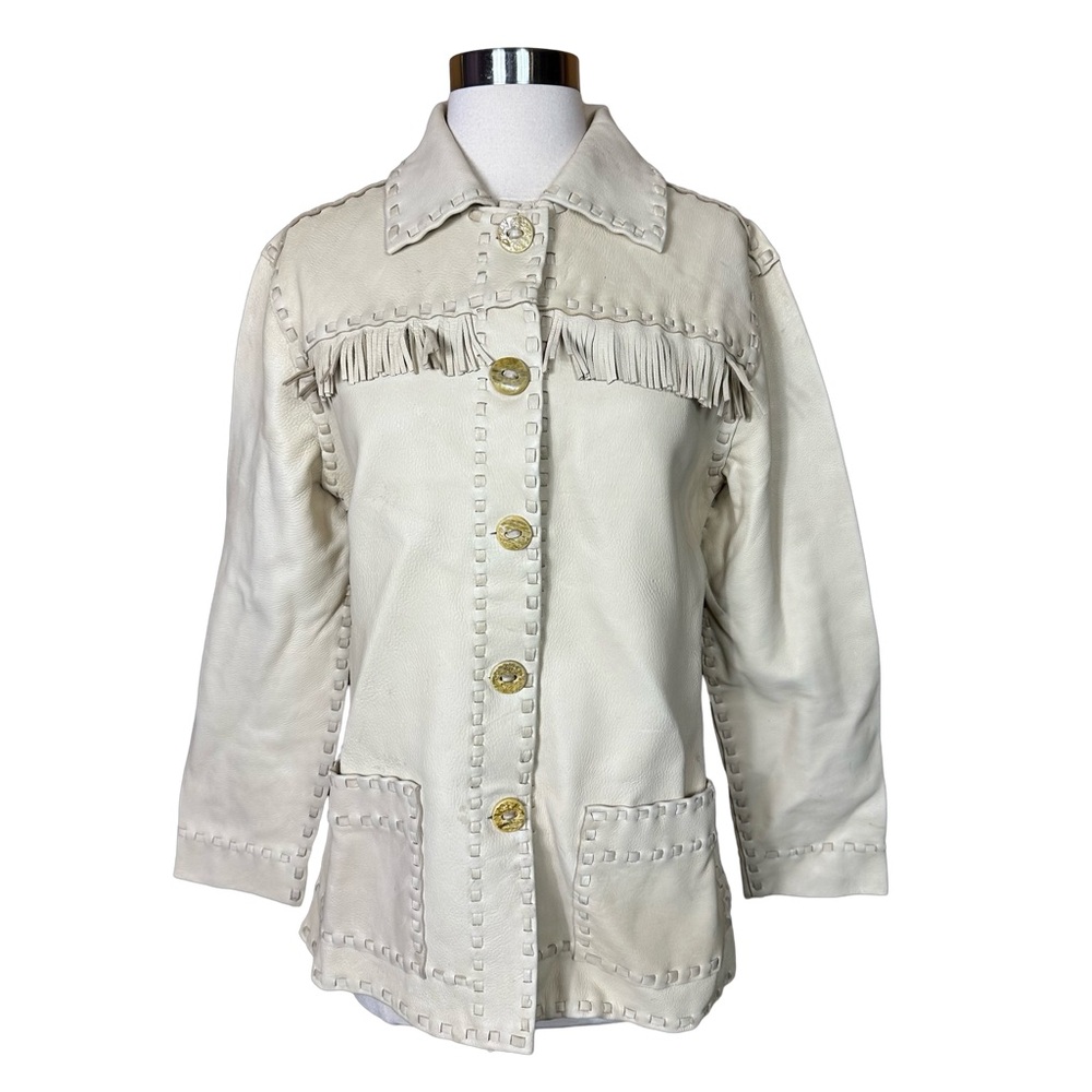 Vintage 1950s Western Cream Leather Fringe Carved Antler Button Unisex Jacket